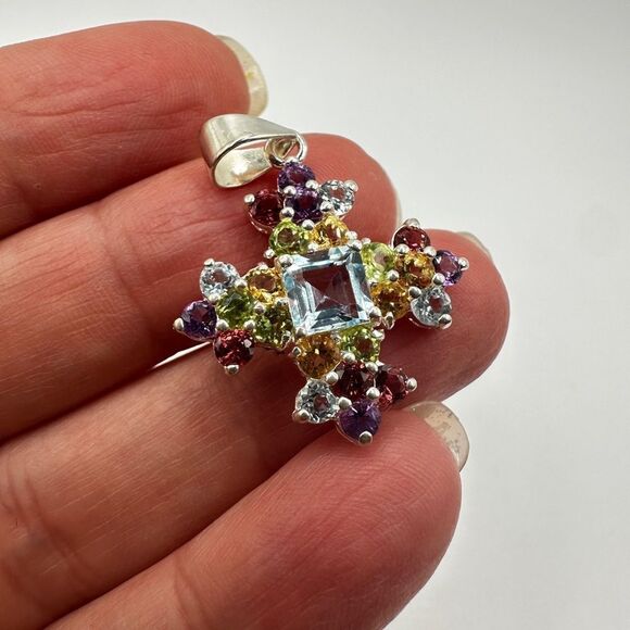 Stunning Multi-gemstone cross pendant in stamped sterling silver! - Picture 10 of 12